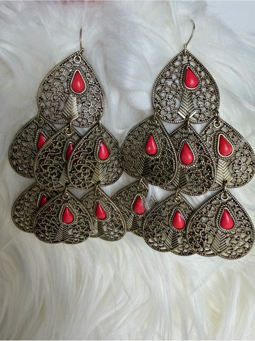 Vintage Boho Coral Red Teardrop Chandelier Earrings
